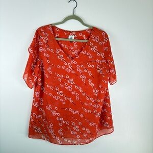 CAbi Womens Large Blouse Top Floral Short Sleeve Sheer Lined Red Boho